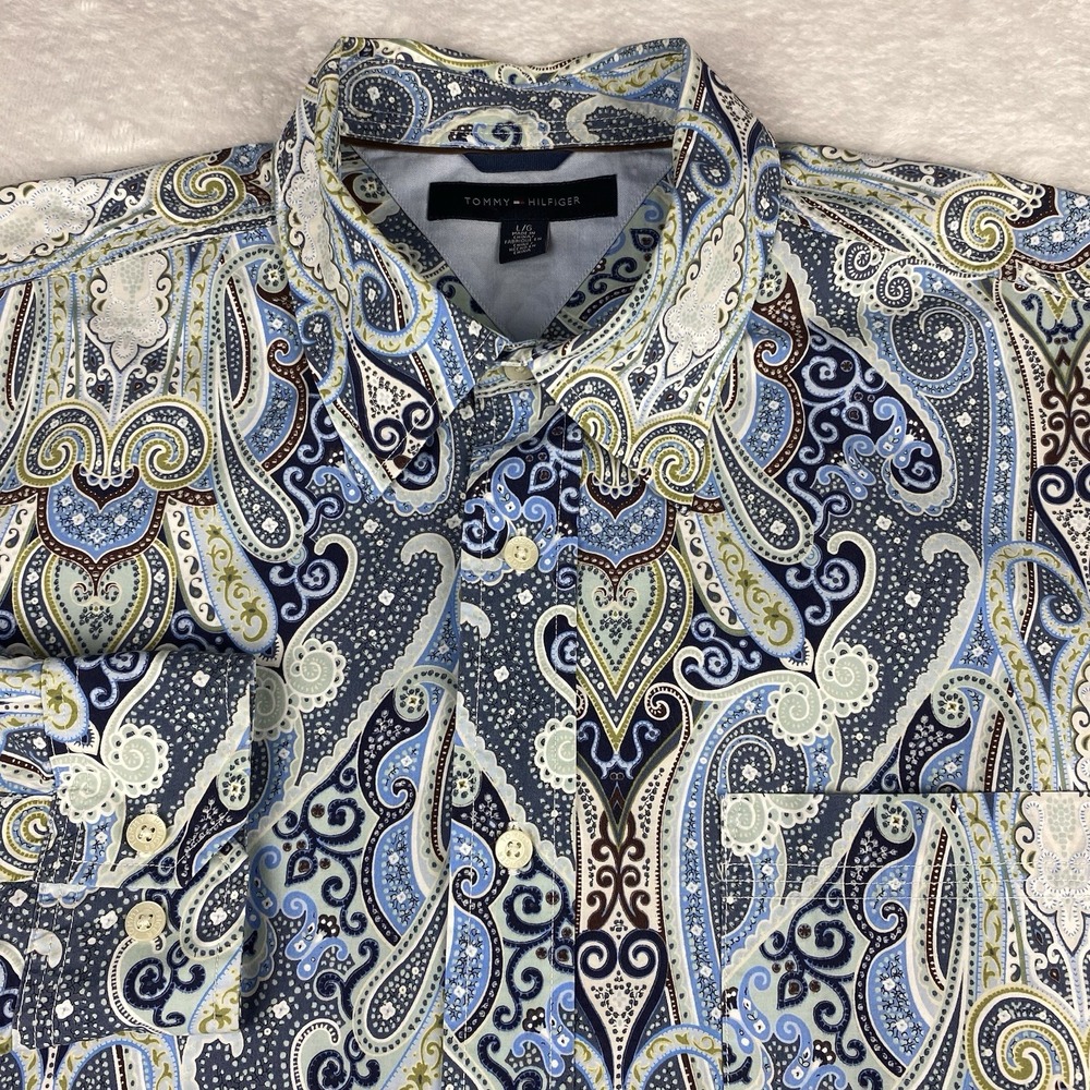 Tommy Hilfiger Shirt Mens Large Blue Paisley Regular Fit 100% Cotton
